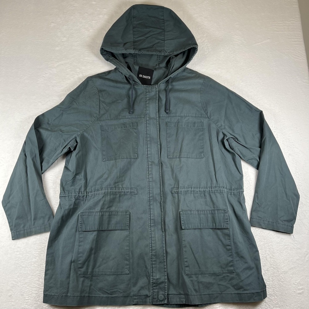 BB‎ Dakota Jacket Womens 1X Green Cotton Twill Hooded Anorak Utility Full Zip